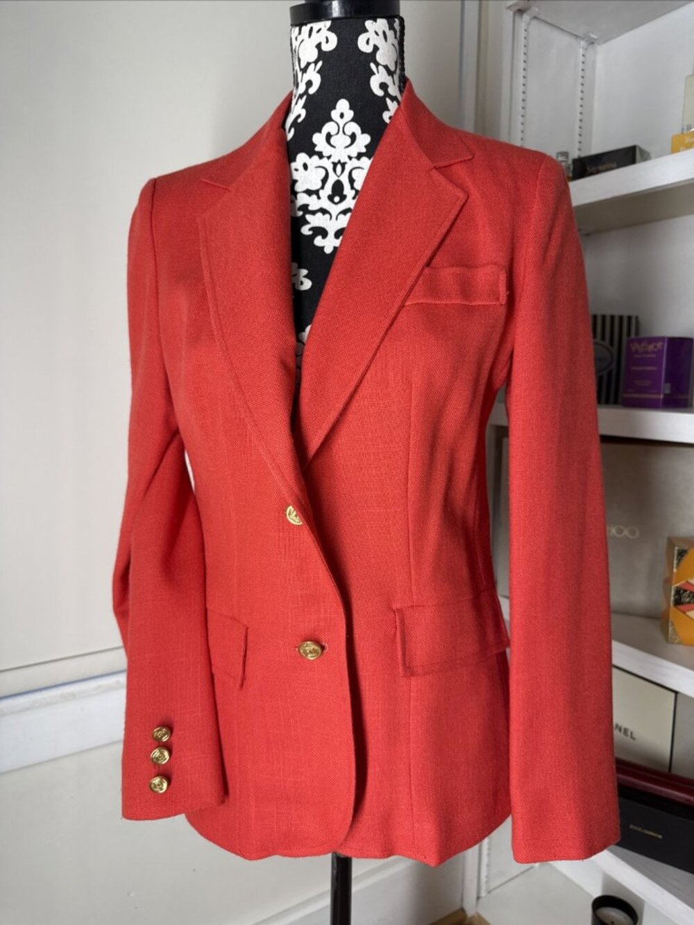 Vtg Red Gold Button Linen look Blazer Medium Coatree Preppy Coastal Super Nice